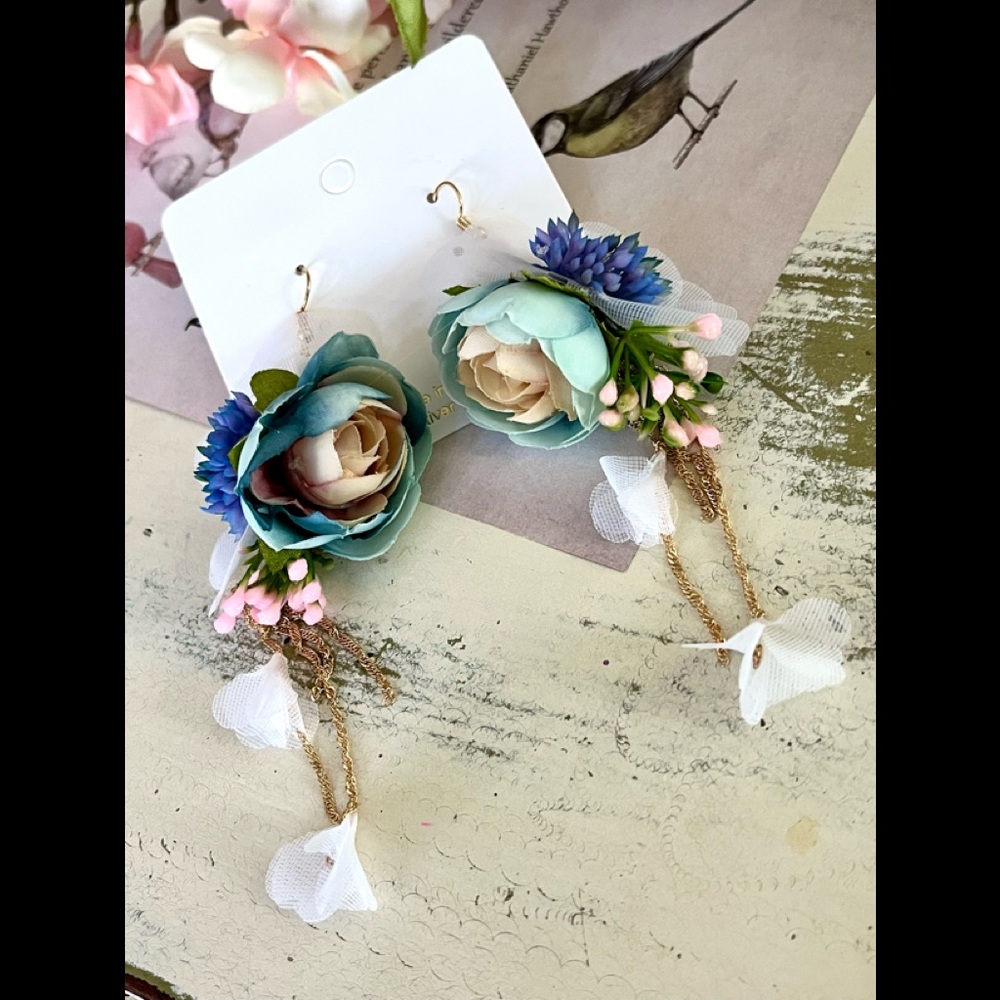 NWT Pink Teal Floral Dangle Earrings HOST PICK!!!! LAST ONE !!!! - Picture 3 of 4